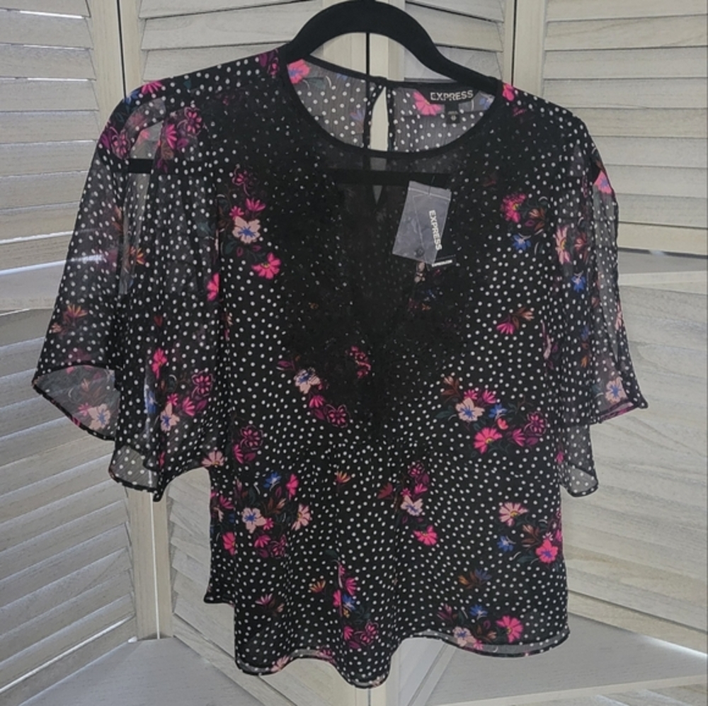 Express Sheer Floral Blouse with cold shoulder size XS